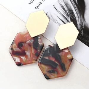 Red Hexagon Multi Color Print Earrings
